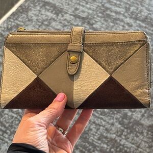 FOSSIL leather & suede patchwork wallet putty colour brown cream silver